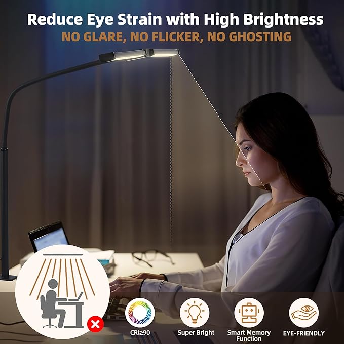 Led Desk Lamp for Home Office, Eye-Care Architect Light with Clamp, Smart Double Head Computer Monitor Table Clip Lamp, Adjustable Flexible Gooseneck, 25 Lighting Models, Task Lamp, White and Sliver