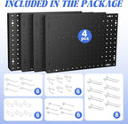 Heavy Duty 4 Panel 16" X 12" Metal Peg Board with 32 Varied Sturdy Hooks, Used for Tool Storage and Garage Organization. Peg Board Organizer Accessories, Black