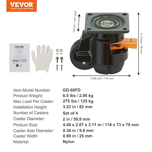 VEVOR Leveling Casters, Set of 4, 2200 lbs Total Load Capacity, 2 inches, Heavy Duty with Upgraded Handle Design, 360 Degree Swivel Caster Wheels, Adjustable Casters with Feet for Workbench, Machine