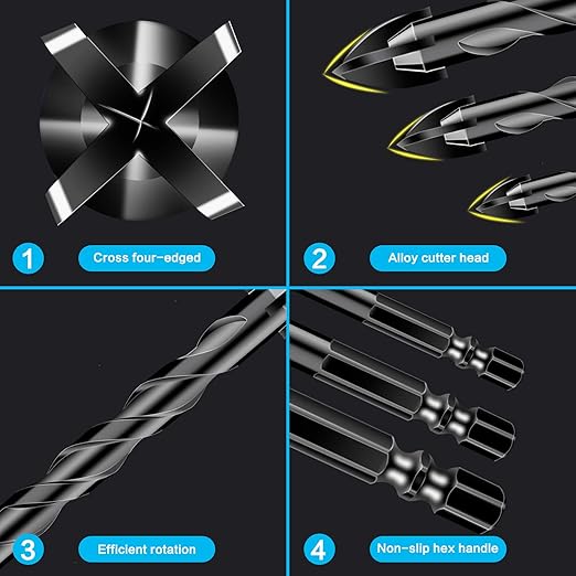 5 Pcs 3/8" Masonry Concrete Drill Bit Set for Tile Brick Glass Plastic Wood, Cross Tungsten Carbide Tip, Hex Shank, Work with Ceramic Porcelain Tile Wall Mirror Paver, 3/8 Inch Drill Bits, 10mm