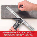 Starrett Steel Combination Square with Square Head - 6" Blade Length, Cast Iron Heads, Hardened Steel, Reversible Lock Bolt, Scriber, Spirit Level, 4R Graduation Type - 11H-6-4R