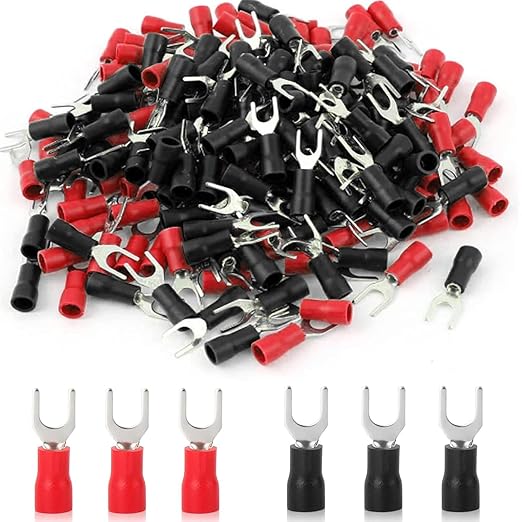 200PCS Pre-Insulated Fork Crimp Terminal,AWG16-14 Fork Electrical Wire Connectors,Stud Size #10 Brass U-Type Cold Pressed Terminal