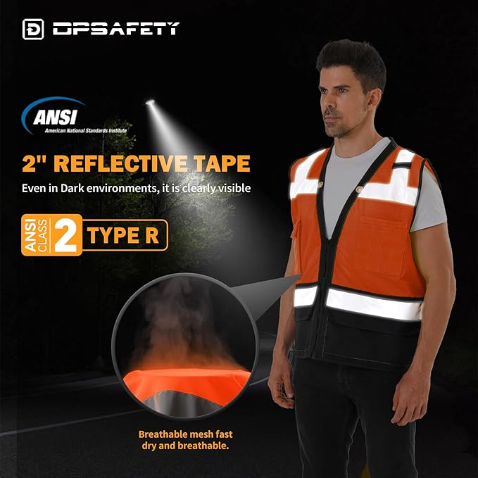 Reflective Safety vest With back plan pocket,High visibility Class 2 Heavy Duty Surveyor Vest with Zipper,Hi Vis Construction Work Vest for Men＆Women ANSI/ISEA(Orange-Bottom,3XL)