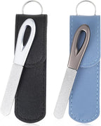 2 Pcs Stainless Steel Nail File,Metal Nail Files for Natural Nails,3.5IN Diamond Round Tip Stainless Steel Double Metal Nails File with Leather Sheath Travel (Black,Blue