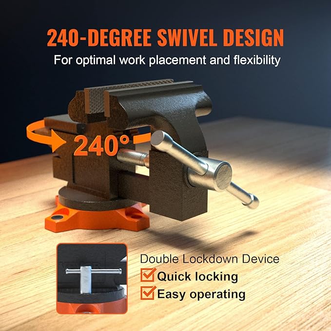 VEVOR Bench Vise, 4.5-inch Jaw Width 3.3-inch Jaw Opening, 240-Degree Swivel Locking Base Multipurpose Vise w/Anvil, Heavy Duty Cast Iron Workbench Vise w/Bolts & Nuts, for Drilling, Pipe Cutting