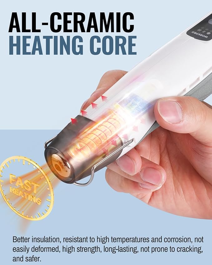 WORKPRO 7.2V Mini Cordless Heat Gun, 680℉ Hot Air Gun with Reflector Nozzle, 3 Temp Settings - Cool Air, 302℉(150℃)/680℉(360℃), Fully Ceramic Heating Core for Craft Embossing