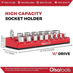Olsa Tools Magnetic Socket Organizer | 1/2-inch Drive | SAE | RED | Holds 16 Sockets | Professional Quality Tools Organizer