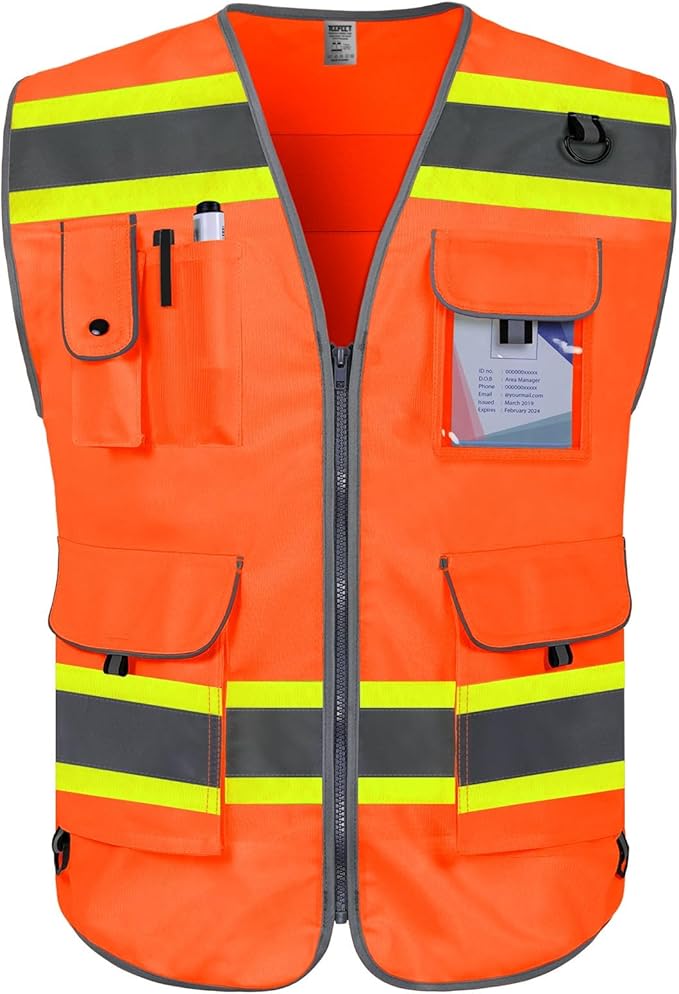 TCCFCCT Orange Safety Vest for Men Women 9 Pockets Mesh High Visibility Reflective Vest for Safety, Work Vest with Reflective Strips, Meets ANSI/ISEA Standards, DB-5X-Large