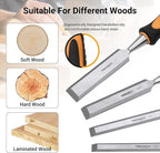 4-Piece Wood Chisel Set, Carbon Steel Blades with Ergonomic Handle, 3/8" 1/2" 3/4" 1" for Woodworking, Durable Metal Strike Cap (5-inch Handle for Comfortable Grip)
