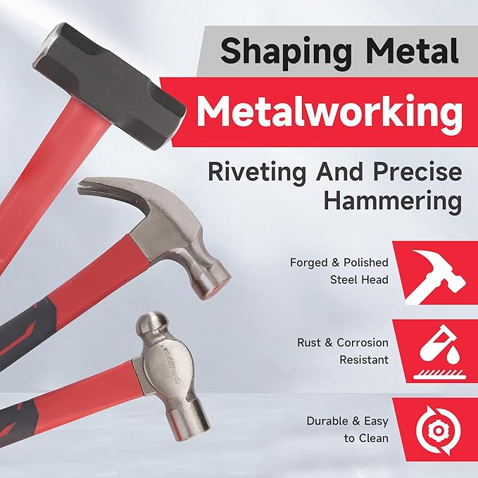 6-Piece Rubber Mallet Hammer Set with 2lb Dead Blow - 3lb Sledge & Stoning - 16oz Ball Pein Claw Hammers | Anti-Vibration Fiberglass Handles for Construction Metalworking Automotive & DIY Projects
