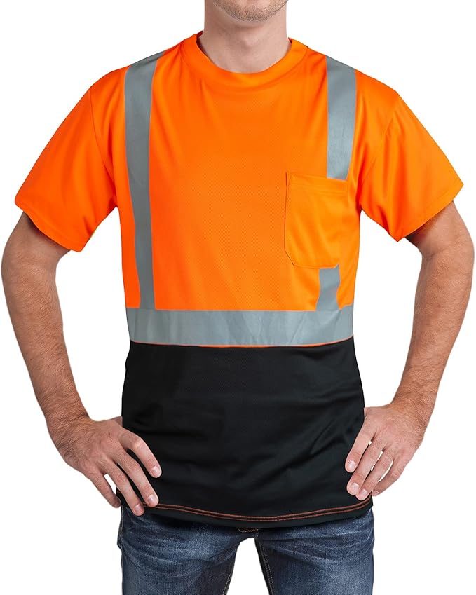 High Visibility Shirts Quick Dry Safety T Shirts with Reflective Strips and Pocket Short Sleeve Mesh Hi Vis Construction Work Class 2 Shirt for Men/Women Black Bottom Orange,5XL