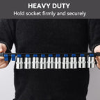 ALOANES 9PC ABS Socket Organizer, 1/2 inch, 3/8 inch and 1/4 inch Drive Socket Rail Holders, Heavy Duty Socket Racks, Black Rails with Red Blue Black Clips
