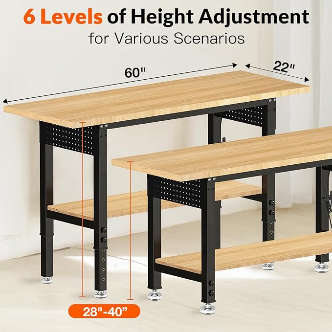Adjustable Height Work Bench 60×22 Workbench for Garage with Under Table Shelf Heavy Duty Rubber Wood Work Table for Shop Woodworking, Office, Home, Commercial