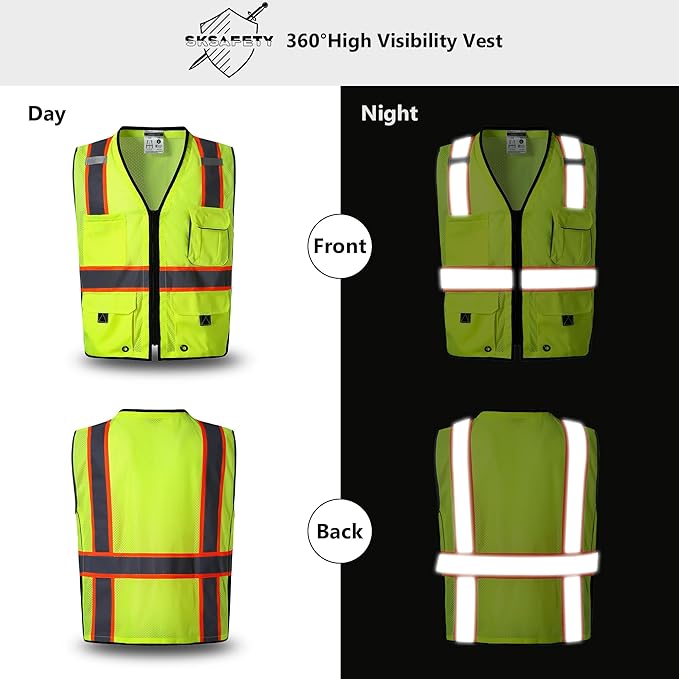 SKSAFETY 10 Pockets Professional level Safety Vest, Class 2 High Visibility Security Vest with Zipper, Hi Vis Vest with Reflective Strips, ANSI/ISEA Standard, Construction Work Vest（Lime, XL）