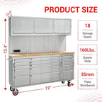 CT Copper Tailor 72-inch Rolling Tool Chest with Integrated Power Strip,15 Drawers and Wheels, Garage Workbench with Storage, 3 Upper Cabinets, Pegboard in Stainless Steel