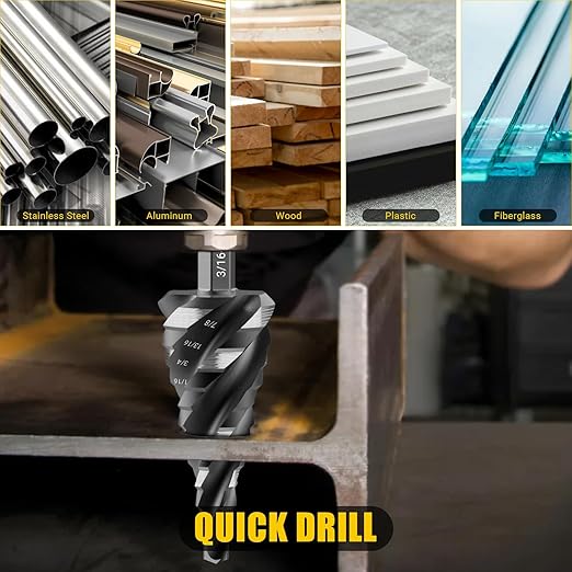 Four Spiral Flute Step Drill Bit, HSS Step Drill Bits (3/16"-7/8") Unibit Step Drill Bit, 1/4" Shank Step Bits for Aluminum, Wood, Plastic, Metal