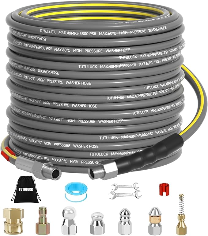 Sewer Jetter Kit for Pressure Washer 50FT, Drain Cleaner Hose 5800PSI 1/4 Inch NPT Corner with Sewer Cleaning Tool High Pressure Nozzle and Spanner Waterproof Tape