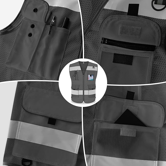 TCCFCCT Mesh Grey Safety Vest for Men Women 9 Pockets High Visibility Vest for Safety, Reflective Vest for Construction Work, Hi Vis Vest with Reflective Strips, Meet ANSI/ISEA Standards, Large