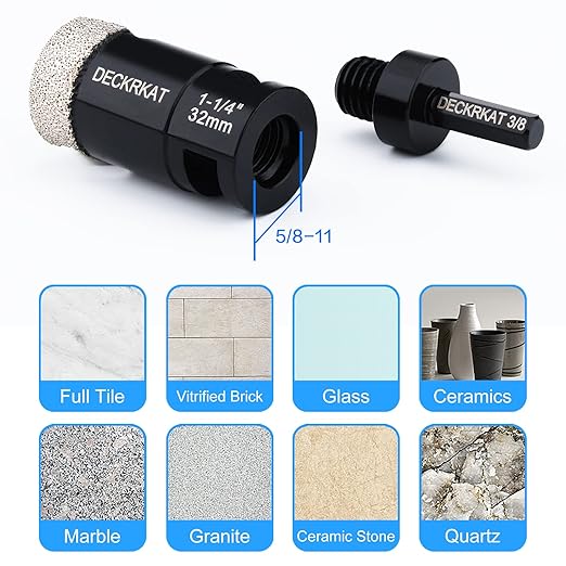 Diamond Core Drill Bit 1-1/4” 32mm Vacuum Brazed Hole Saw with Flutes for Granite Quartz Hard Porcelain Tile with 5/8-11 Female Thread & 3/8” Hex Shank Adapter Fit Angle Grinders & Drills
