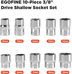 Egofine 10PCS 3/8” Drive Standard Socket Set,Shallow,Metric（10-21mm,6 Point Socket Set With Hanging Bracket,Cr-V Steel