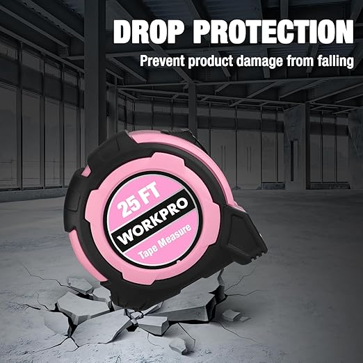 WORKPRO 25FT Pink Tape Measure, 1/8 Fractions Easy Read Measuring Tape, Retractable Nylon Coating Measurement Tape Accuracy 1/32, Magnetic Hook, Belt Clip, Rubber Protective Casing - Pink Ribbon