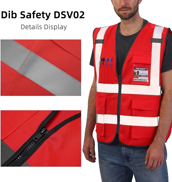 Dib Safety Reflective Vest High Visibility with Pockets and Zipper, Red 4XL