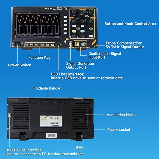 OWON Oscilloscope 100MHz Bandwidth, 2+1 Channel Digital Oscilloscope 3 in 1 Functions with 25MHz Function Generators with 7” LCD Display Support 30 Automatic Waveform Measurements OWON SDS210S