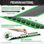 Magnetic Socket Organizer, 3-Piece Heavty Duty Aluminum Socket Holder, Socket Rail for Tool Box, Premium Quality 360° Swivel Socket Rack Kit with 40 Clips for 1/2, 3/8, 1/4-Inch(Green)