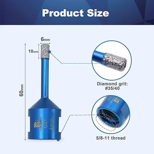 1/4 Inch Diamond Core Drill Bit for Porcelain Tile Ceramic Marble Granite Drilling,BRSCHNITT 1pc Vacuum Brazed Diamond Hole Saw with 5/8-11 Thread (6mm)