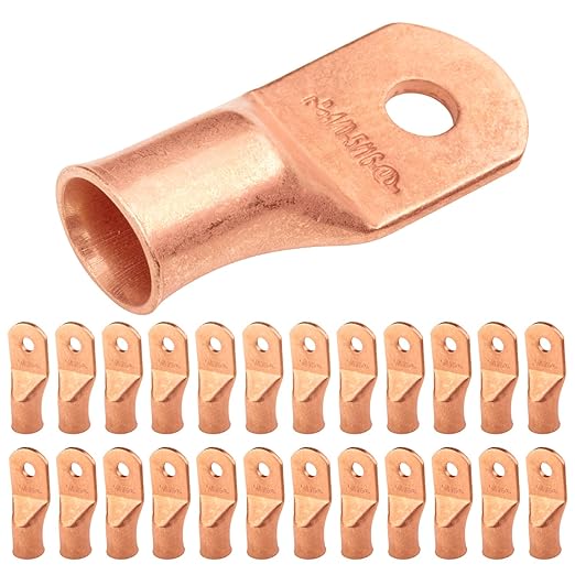 SELTERM 25pcs 4/0 AWG 5/16" Stud Battery Lugs, Ring Terminals, Heavy Duty Copper Wire Lugs, Battery Cable Ends, 0000 Gauge Ring Terminal Connectors,UL Bare Copper Eyelets Electrical Battery Cable Lugs