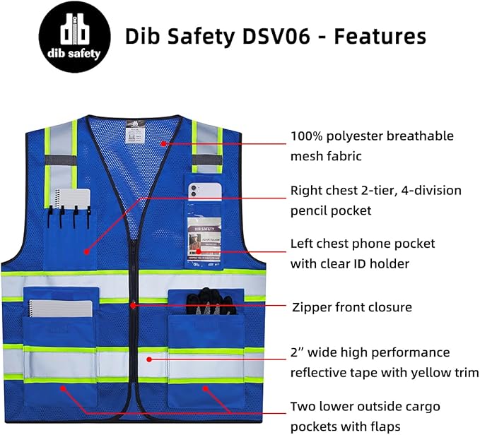 Dib Safety Reflective Mesh Vest High Visibility Two Tone with Pockets and Zipper, Blue Mesh with Yellow Trim M