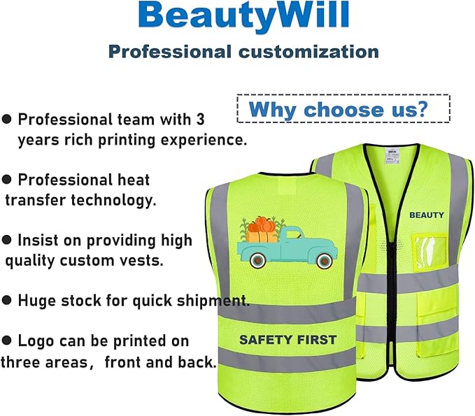BeautyWill Custom Logo 10/20 Pack Safety Vest Class2 High Visibility Vest with Pockets Breathable Construction Vest Bulk