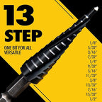 Four Spiral Flute Cobalt Step Drill Bit, 1/8" - 1/2" M35 TiAlN Coating Impact Ready Unibit Step Drill Bit, 1/4" Hex Shank Step Bit for Metal, Stainless Steel, Aluminum, Plastic