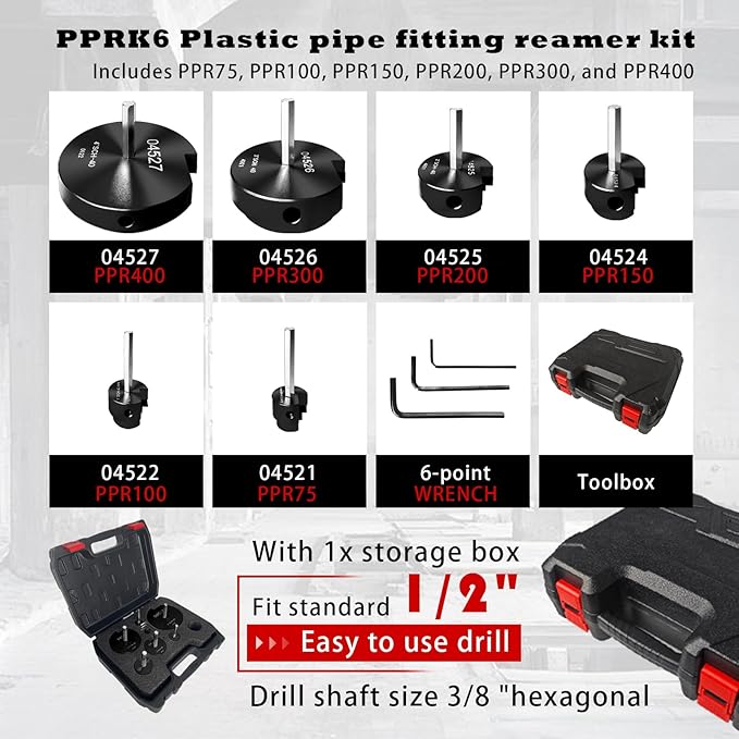 04529 for PPRK6 Plastic Pipe Fitting Reamer,PVC Pipe Reamer Kit Contains 3/4",1",1-1/2",2",3",4" Aluminum Head. PVC Socket Saver Fit into Standard 1/2" Drill for CPVC, PPR or ABS