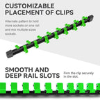 ALOANES 18 PC ABS Socket Organizer, 1/2 inch, 3/8 inch and 1/4 inch Drive Socket Rail Holders, Heavy Duty Socket Racks, Black Rails with Green Clips