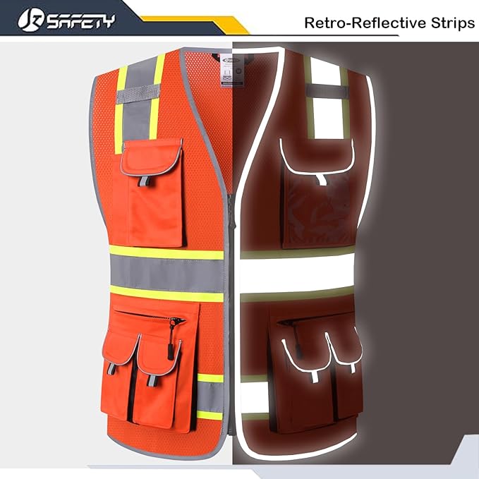 JKSafety 10 Pockets Hi-Vis Neon Color Frontal Zipper Mesh Safety Vest for Men Women Safety Utility for works Comply to ANSI/ISEA Class 2 (86-Orange 3XL)