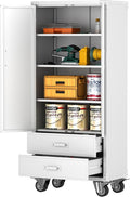 Aobabo Metal Storage Cabinet with 2 Large Drawer, Lockable Steel Storage Cabinet with 3 Adjustable Shelves, for Home, Office, Garage, Classroom, White, Assembly Required