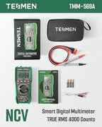 TESMEN TMM-569A Digital Multimeter, TRMS 4000 Counts Ohmmeter, Auto-Ranging Voltage Tester with NCV, Voltage & Current, Resistance, Continuity, Diode, Capacitance, Phase, Temperature, Live Wire -Green