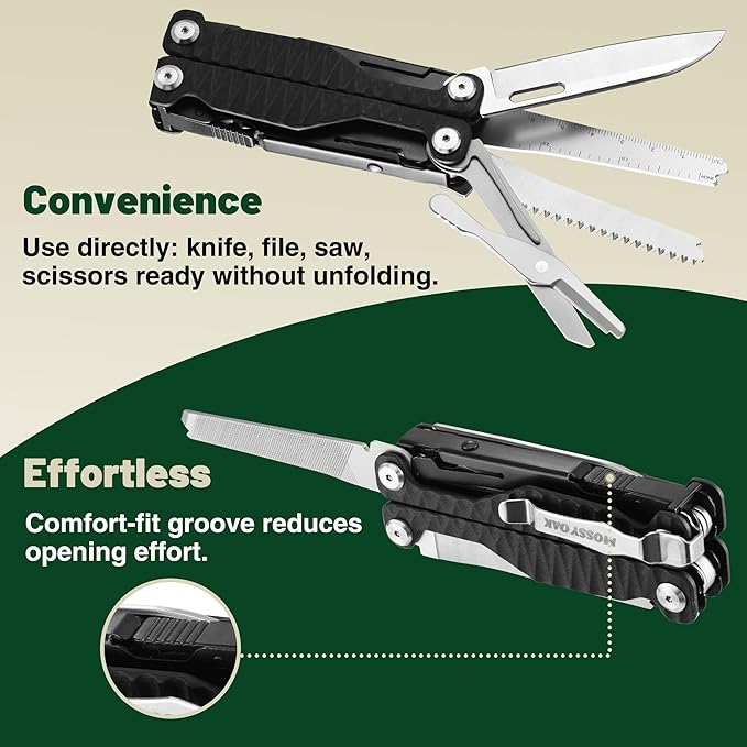 MOSSY OAK Multitool, 17-in-1 MultiTool Pliers with Nylon Sheath, Wire Stripper, Box Cutter, Bottle Opener, Screwdriver, Durable Multi Tool for Camping, Hiking, Hunting & EDC