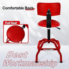 Shop Stool with Backrest, Mechanic Garage Stool for Workshop, Adjustable Stool Chair, Padded Workbench Stool for Men Women, 300 LBS Capacity, 360° Swivel PVC Seat, Heavy Duty, Red