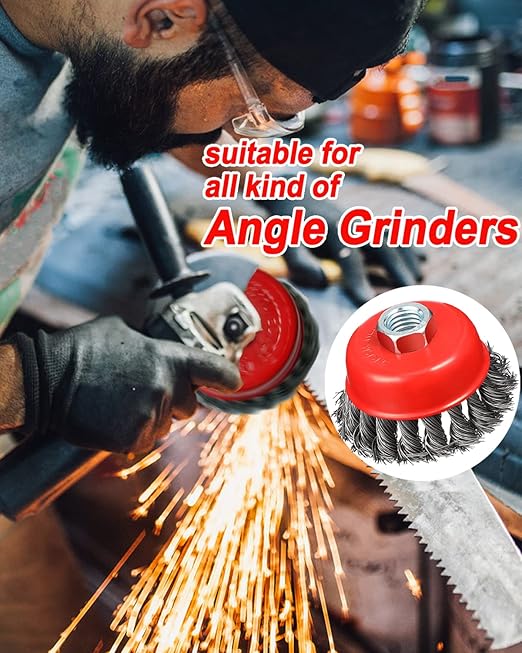 4" Wire Wheel Cup Brush, Coarse Twisted Knotted Wire Wheel for Angle Grinder, 5/8-11 Threaded Arbor, 0.02" Carbon Steel Wire Brush for Grinder, Heavy Cleaning Rust, Abrasive (12)