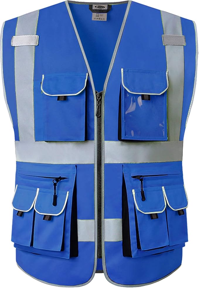 JKSafety 10 Pockets Blue Color Safety Vest Zipper Front with High Reflective Strips Meets ANSI/ISEA Standards (88-Blue, X-Large)
