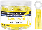 haisstronica 100PCS Heat Shrink Ring Terminals #10 Marine Grade Wire Connectors Yellow AWG 12-10 Gauge, Tinned Red Copper 1mm Resistant Ring Connectors, Brazed-Seam Insulated Electrical Crimp