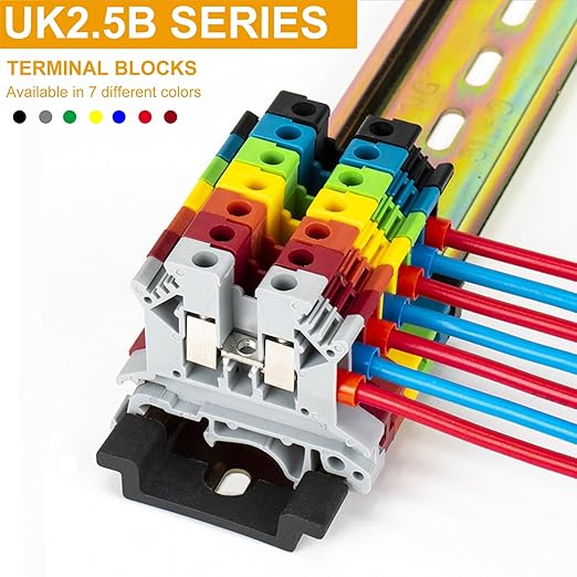 Erayco UK2.5B-WR DIN Rail Terminal Block, Screw Clamp, 600V 20A 24-12AWG, Pack of 100 (Red)