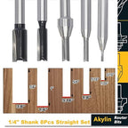 8Pcs Straight Router Bit 1/4 Shank,Cutting Diameter 1/16"-1/8"-3/16"-1/4"-3/8"-1/2"-5/8"-3/4",CNC Carbide Straight Router Bits for Woodworking Routing, Plunging, Dadoing (Wooden Case Package)