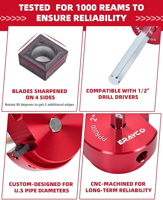 ERAYCO 3" PVC Pipe Reamer, Plastic Pipe Fitting Reamer Tool, Fit into Standard 1/2" Drills, PVC Fitting Saver for SCH40 PVC CPVC ABS Pipe