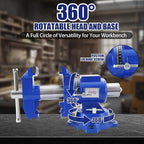 FATO Multipurpose Bench Vise 5 Inch Heavy Duty Ductile Iron 8800 Lbs Clamping Force, 360° Swivel Base, Anvil, Jaw Width 4.92", Jaw Opening 3.94", for Metalworking, Woodworking, DIY & Industrial, Blue