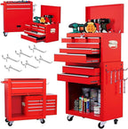 8-Drawer Rolling Tool Chest with Wheels - High Capacity Tool Cabinet with Detachable Top Toolbox for Garage and Workshop Organization - Metal Tool Cart with Liner & 6 Hooks, Red