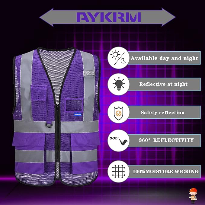 A-SAFETY High Visibility Mesh Safety Reflective Vest with Pockets and Zipper,Hi Viz Work Vest for Men Women (Purple Mesh M)