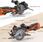 Circular Saw, 5.8A 4-1/2" Circular Saw w/Laser, Metal Auxiliary Handle, 6 Blades (4½", 4¾"), Cutting Depth 1-11/16" (90°), 1-3/8" (45°), Ideal for Wood, Soft Metal, Plastic, Tile - MCS01A